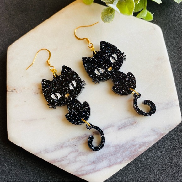 Black Cat Earrings Glitter Acrylic Earrings - Picture 1 of 9